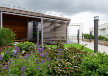 A rooftop terrace with plants and greenery in the foreground, and a wooden sheltered area behind.