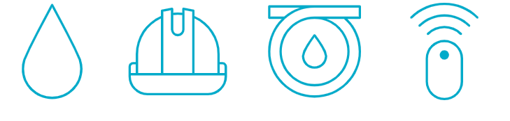 Four blue icons, a water droplet, hard hat, water pipe, and computer mouse