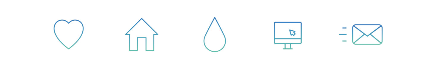Five icons, a heart, a house, a water droplet, a computer, and a letter.