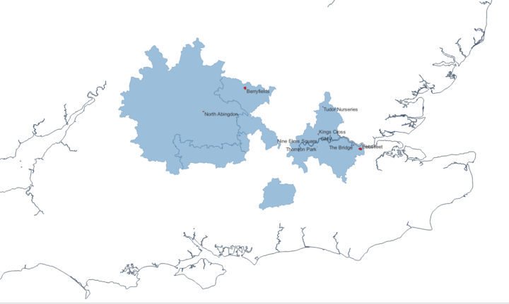 A map of the south of England, showing droughts in place.